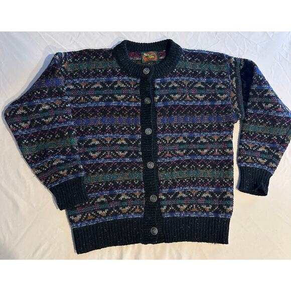 Alps Wool Cable Knit Nordic Fair Isle Cardigan Sweater Womens M Mottled Striped - Picture 1 of 7